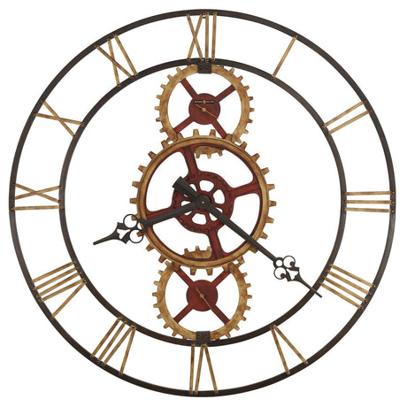 Howard Miller Hannes Wall Clock 625-645 ? 49-Inch, Antique Brass Finished Inner Gears & Blackened Antique Red Center, Warm Gray Rings, Modern Home Decor, Quartz Movement