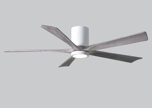 Matthews Fan IR5HLK-WH-BW-60 IR5HLK five-blade flush mount paddle fan in Gloss White finish with 60” solid barn wood tone blades and integrated LED light kit.