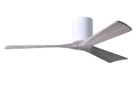 Matthews Fan IR3H-WH-BW-52 Irene-3H three-blade flush mount paddle fan in Gloss White finish with 52” solid barn wood tone blades. 