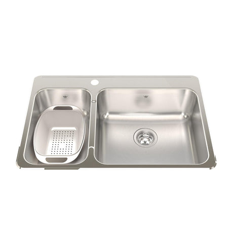KINDRED QCLA2031L-8-1N Steel Queen 31.25-in LR x 20.5-in FB x 8-in DP Drop In Double Bowl 1-Hole Stainless Steel Kitchen Sink In Satin Finished Bowls with Mirror Finished Rim