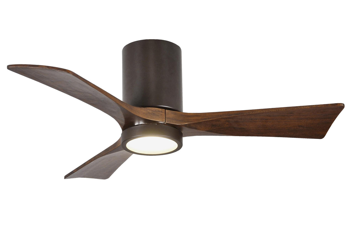 Matthews Fan IR3HLK-TB-WA-42 Irene-3HLK three-blade flush mount paddle fan in Textured Bronze finish with 42” solid walnut tone blades and integrated LED light kit.