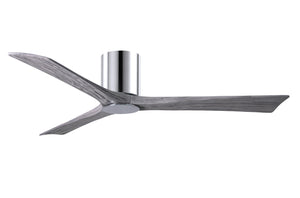 Matthews Fan IR3HLK-CR-BW-60 Irene-3HLK three-blade flush mount paddle fan in Polished Chrome finish with 60” solid barn wood tone blades and integrated LED light kit.