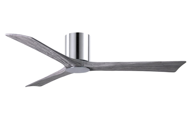 Matthews Fan IR3HLK-CR-BW-60 Irene-3HLK three-blade flush mount paddle fan in Polished Chrome finish with 60” solid barn wood tone blades and integrated LED light kit.