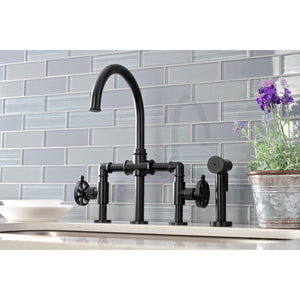 Kingston Brass KS2330RX Belknap Industrial Style Bridge Kitchen Faucet with Brass Sprayer, Matte Black