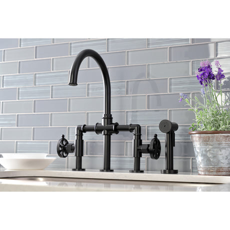 Kingston Brass KS2330RX Belknap Industrial Style Bridge Kitchen Faucet with Brass Sprayer, Matte Black