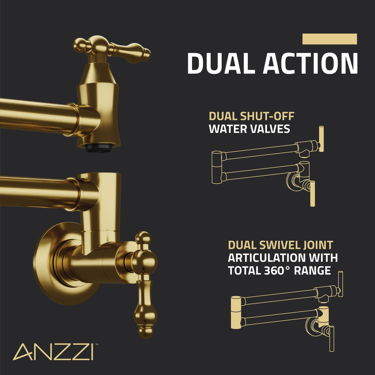 ANZZI KF-AZ259BG Marca 360-Degree 24" Wall Mounted Pot Filler with Dual Swivel in Brushed Gold