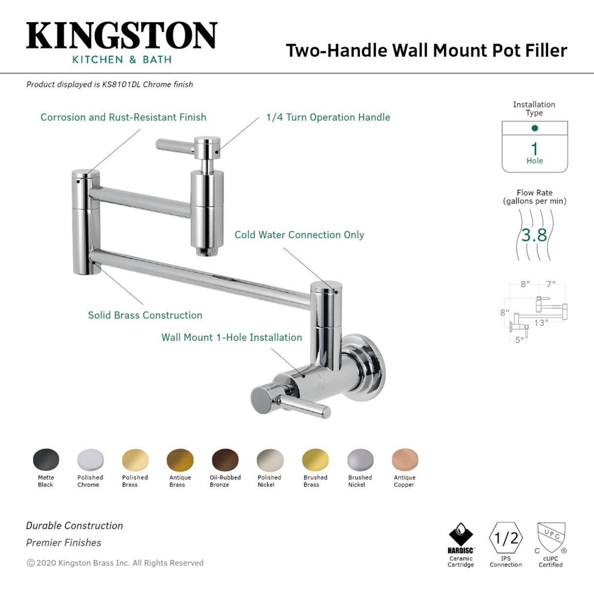 Kingston Brass KS8103DL Concord Wall Mount Pot Filler Kitchen Faucet, Antique Brass