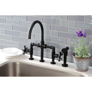 Kingston Brass KS2330NX Hamilton Industrial Style Bridge Kitchen Faucet with Brass Sprayer, Matte Black