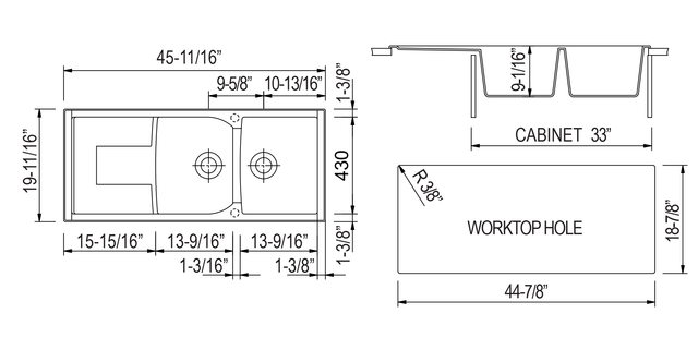 ALFI brand AB4620DI-BLA Black 46" Double Bowl Granite Composite Kitchen Sink with Drainboard