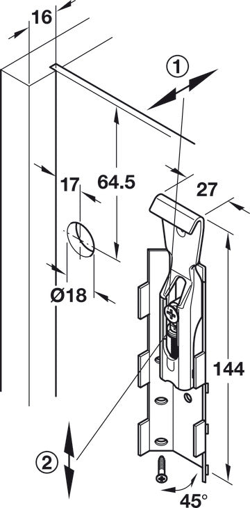 Häfele 290.21.930 Cabinet hanger, For Press Fitting; 286 lb Load Capacity, Not visible inside the cabinet, quick fixing system with lever, for screw fixing, mounting: Left or right hand