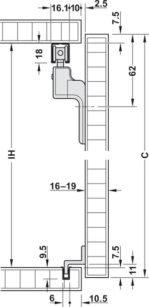 Häfele 402.33.029 Sliding Door Hardware, Slido F-Line21 20A, set, For cabinets with 1 wooden door, for door weights up to 20 kg (44 lbs.), for door heights up to 1,400 mm (55"), For 1 Door, with track stopper