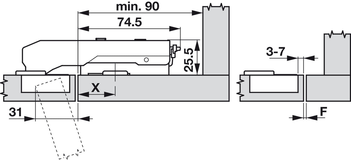 Häfele 348.37.810 Grass - Concealed Blind Corner Hinge, Tiomos, 110° Opening Angle, Inset Mounting, for blind corner applications (inset), Soft-close, press-fit, model F028138546223