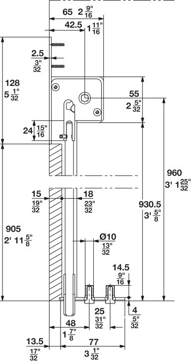 Häfele 943.04.084 Bar Bolt, with square/hexagonal nut, For Hawa Variofold and Centerfold 80/H, backset 42.5 mm