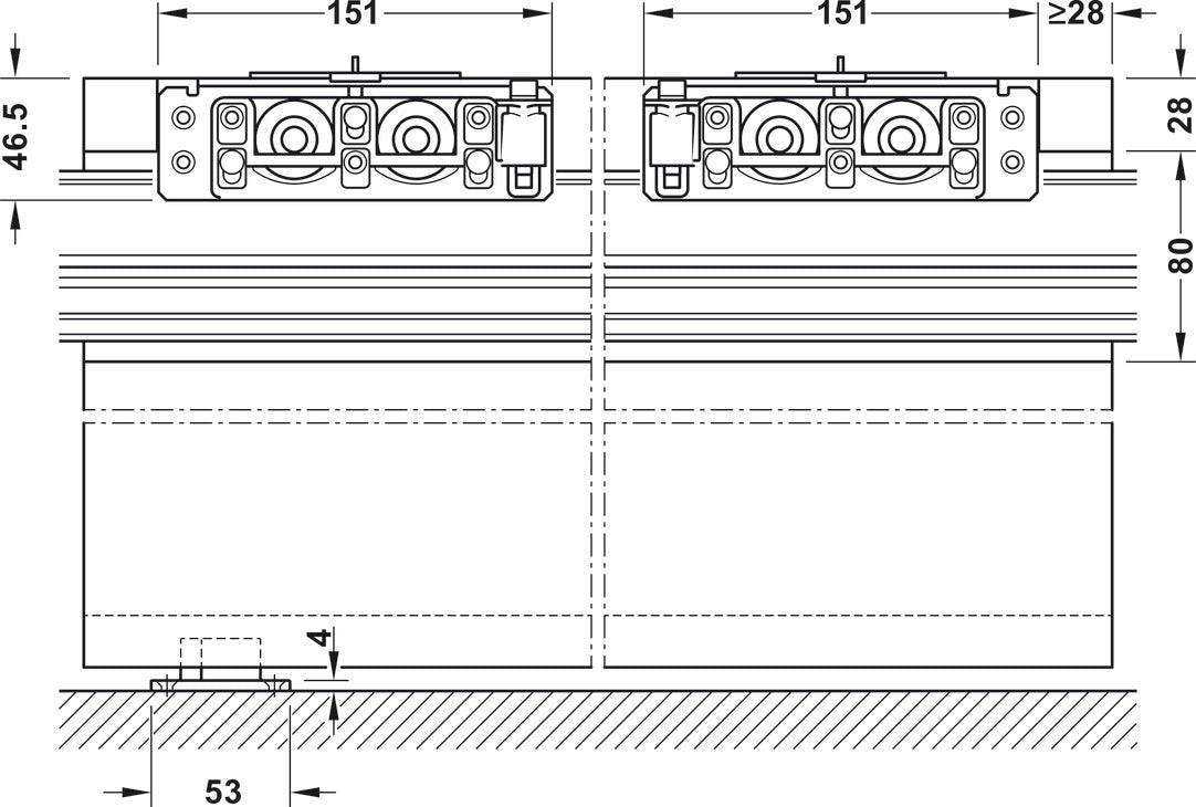 Häfele 940.42.069 Sliding Door Fitting, Slido D-Line41 50X / 80X, set, with soft and self closing mechanism on both sides, for 1 door ≤80 kg (176 lbs.)