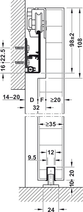 Häfele 940.42.069 Sliding Door Fitting, Slido D-Line41 50X / 80X, set, with soft and self closing mechanism on both sides, for 1 door ≤80 kg (176 lbs.)