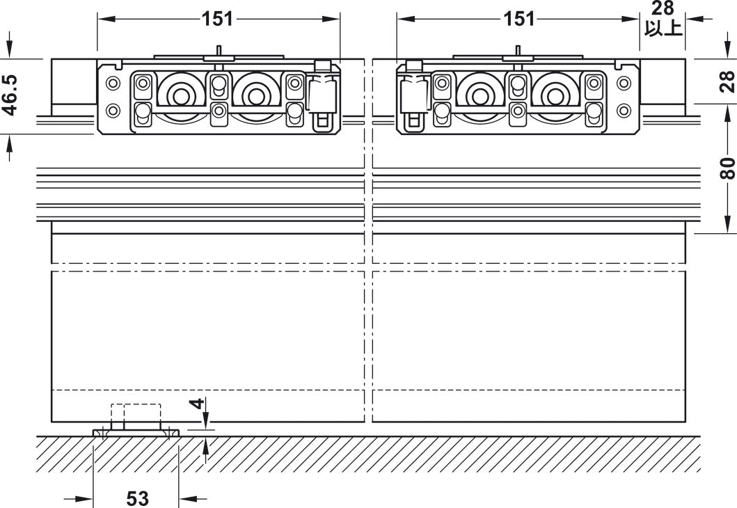 Häfele 940.42.069 Sliding Door Fitting, Slido D-Line41 50X / 80X, set, with soft and self closing mechanism on both sides, for 1 door ≤80 kg (176 lbs.)