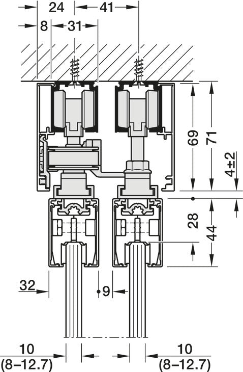 Häfele 941.03.026 Sliding Door Fitting, Slido D-Line11 120L Telescopic Opening, For glass sliding doors, door width 600–1250 mm, glass thickness 8–12.7 mm, for ceiling installation, For 2 doors, door weight ≤120 kg (264 lbs), silver colored