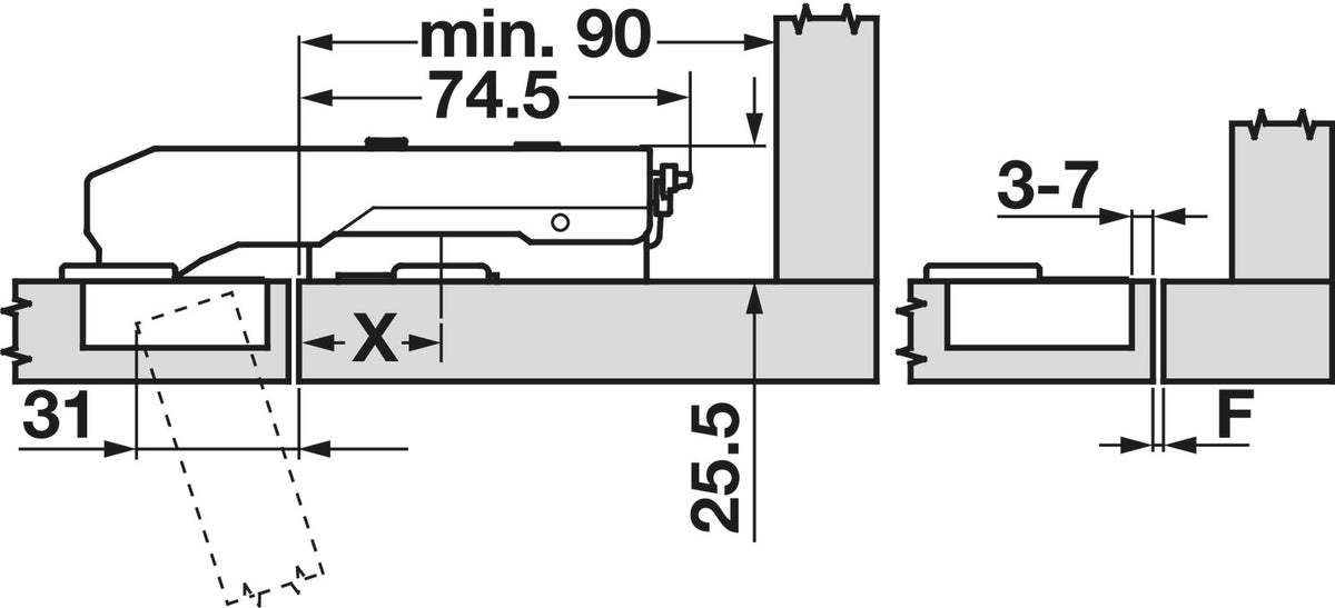Häfele 348.37.530 Grass - Concealed Blind Corner Hinge, Tiomos, 110° Opening Angle, Inset Mounting, for blind corner applications (inset), Self-close, impresso, model F034139398223