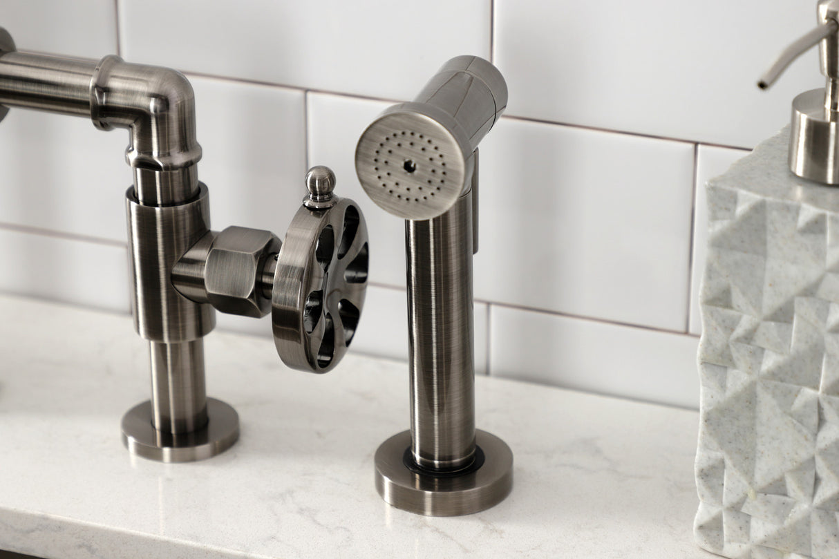 Kingston Brass KS2334RX Belknap Industrial Style Bridge Kitchen Faucet with Brass Sprayer, Black Stainless