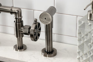 Kingston Brass KS2334RX Belknap Industrial Style Bridge Kitchen Faucet with Brass Sprayer, Black Stainless