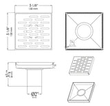 5" x 5" Black Matte Square Stainless Steel Shower Drain with Groove Holes