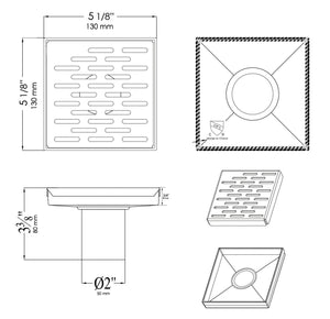 5" x 5" Black Matte Square Stainless Steel Shower Drain with Groove Holes