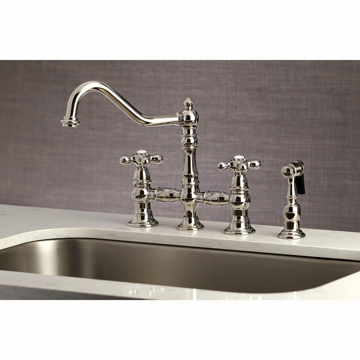 Kingston Brass KS3276AXBS Restoration 8" Bridge Kitchen Faucet with Sprayer, Polished Nickel