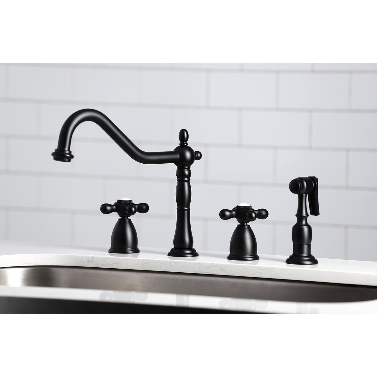 Kingston Brass KB1790AXBS 8-Inch Widespread Kitchen Faucet with Brass Sprayer, Matte Black