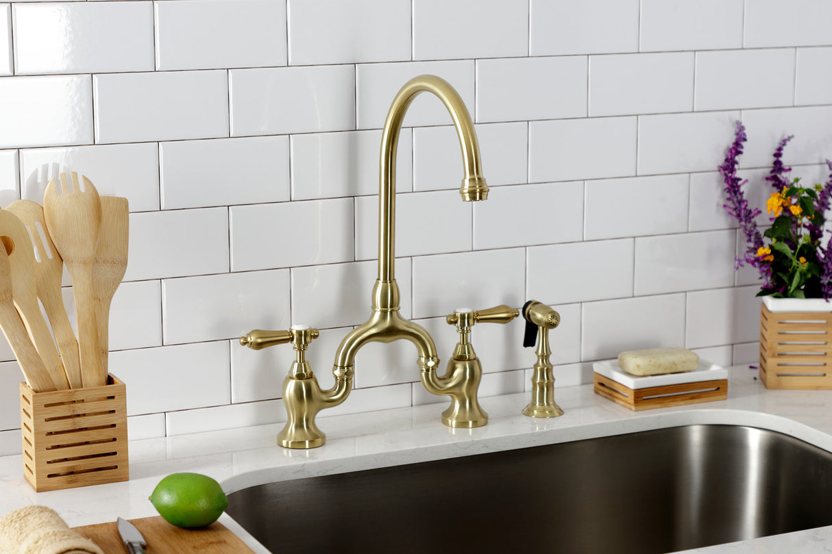 Kingston Brass KS7797BALBS Heirloom Bridge Kitchen Faucet with Brass Sprayer, Brushed Brass