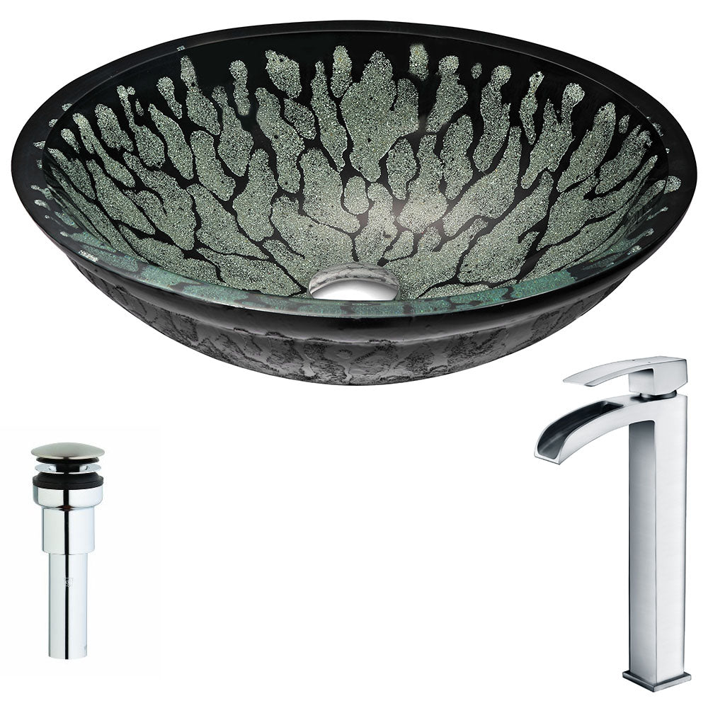 ANZZI LSAZ043-097 Bravo Series Deco-Glass Vessel Sink in Lustrous Black with Key Faucet in Polished Chrome