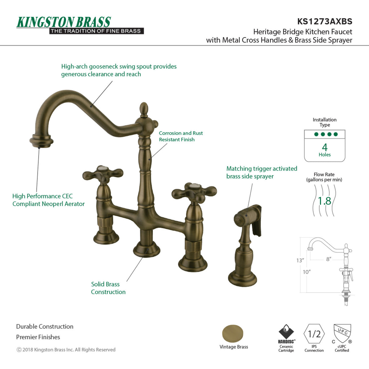 Kingston Brass KS1273AXBS Heritage Bridge Kitchen Faucet with Brass Sprayer, Antique Brass