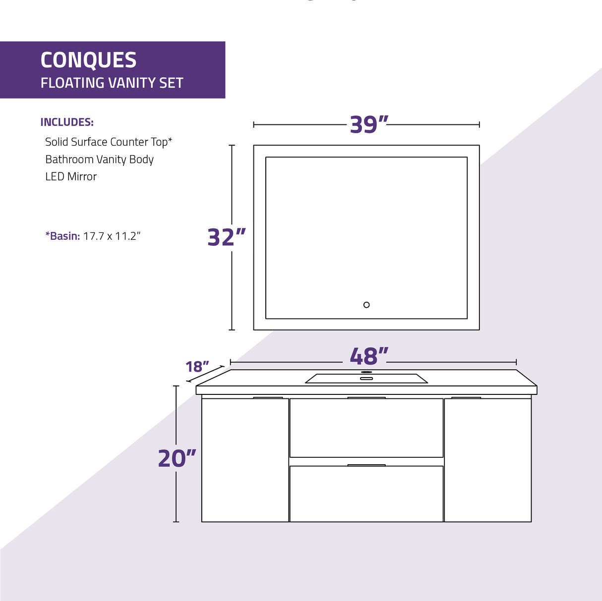 ANZZI VT-MRCT48-WH 48 in W x 20 in H x 18 in D Bath Vanity in Rich White with Cultured Marble Vanity Top in White with White Basin & Mirror