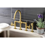 Kingston Brass KS2337RX Belknap Industrial Style Bridge Kitchen Faucet with Brass Sprayer, Brushed Brass