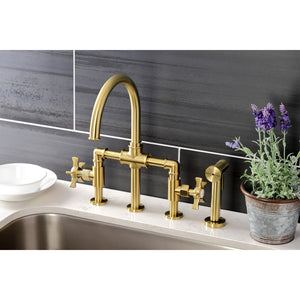 Kingston Brass KS2337NX Hamilton Industrial Style Bridge Kitchen Faucet with Brass Sprayer, Brushed Brass