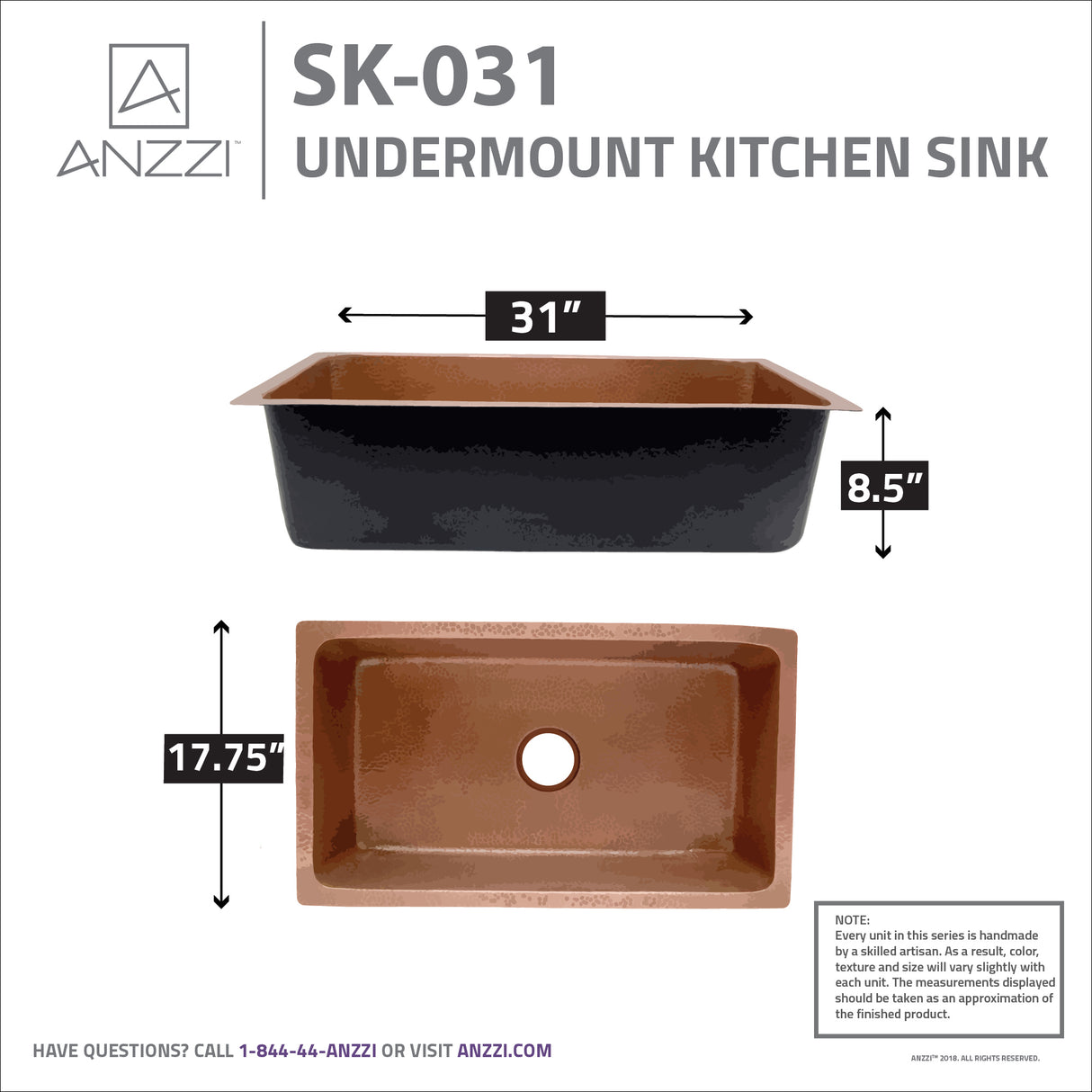 ANZZI SK-031 Gilbert Drop-in Handmade Copper 31 in. 0-Hole Single Bowl Kitchen Sink in Hammered Antique Copper