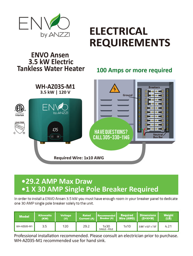 ENVO Ansen 3.5 kW Tankless Electric Water Heater