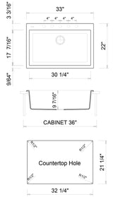 ALFI brand AB3322DI-BLA Black 33" Single Bowl Drop In Granite Composite Kitchen Sink