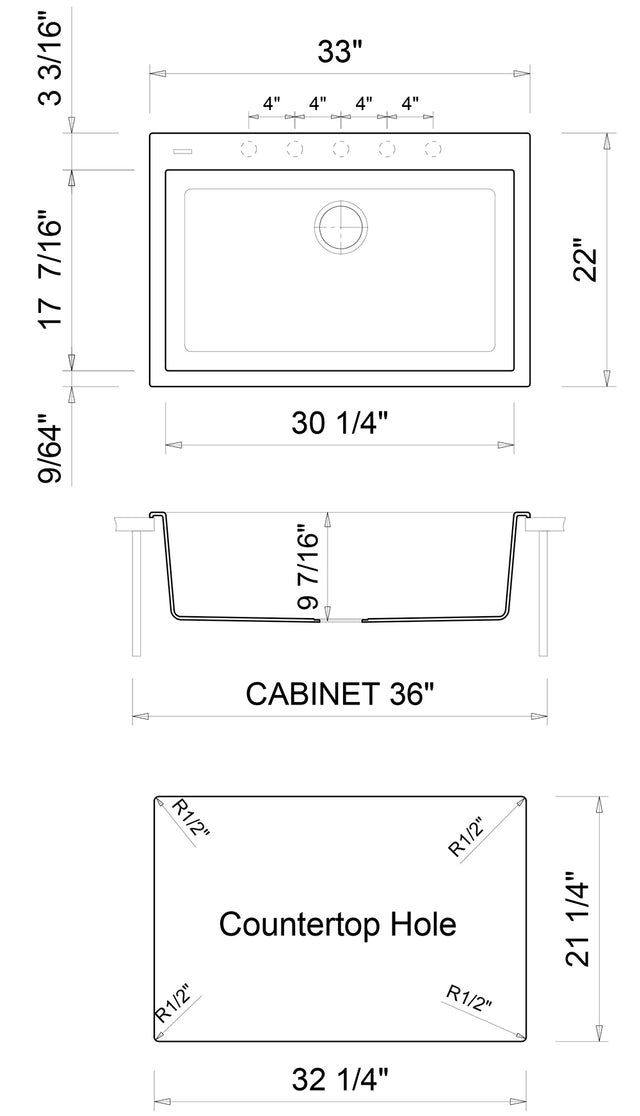 ALFI brand AB3322DI-BLA Black 33" Single Bowl Drop In Granite Composite Kitchen Sink