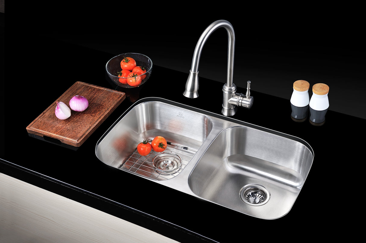 ANZZI K-AZ3218-2B Moore Undermount Stainless Steel 32 in. 0-Hole 50/50 Double Bowl Kitchen Sink in Brushed Satin