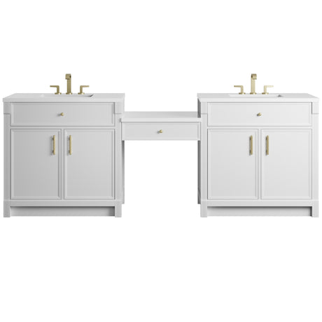 Bellshire 96" Dual Vanity Set with 24" Make-Up Counter, Bright White w/3 cm White Zeus Silestone Top