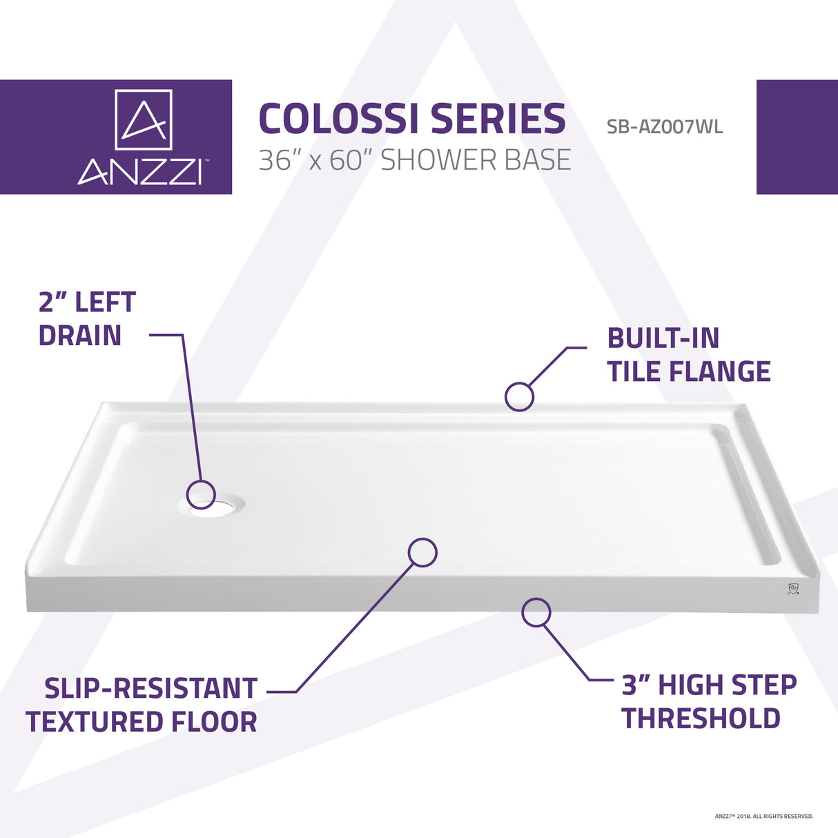 ANZZI SB-AZ007WL-R Athens Series 60 in. x 36 in. Shower Base in White