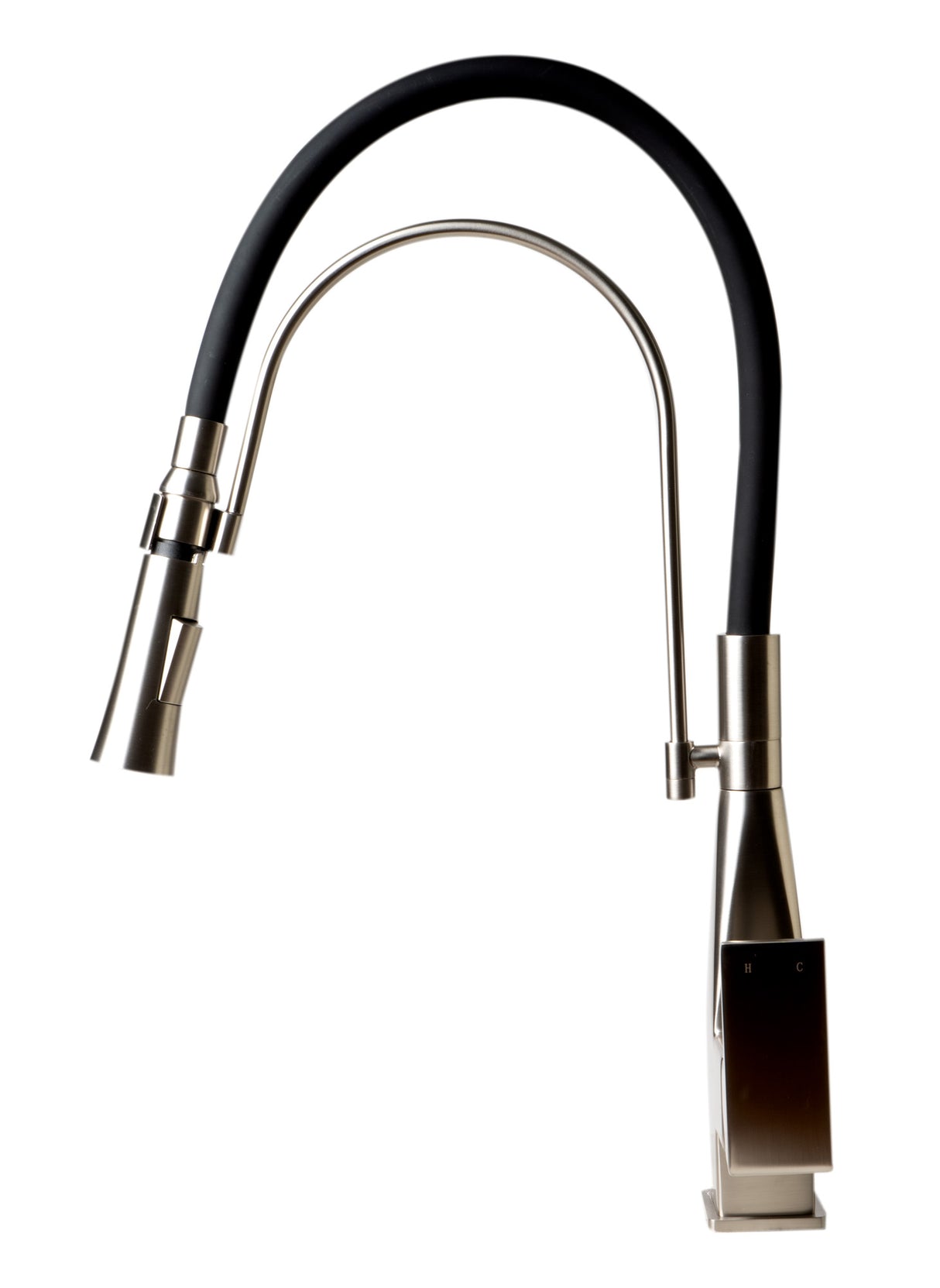 Brushed Nickel Square Kitchen Faucet with Black Rubber Stem