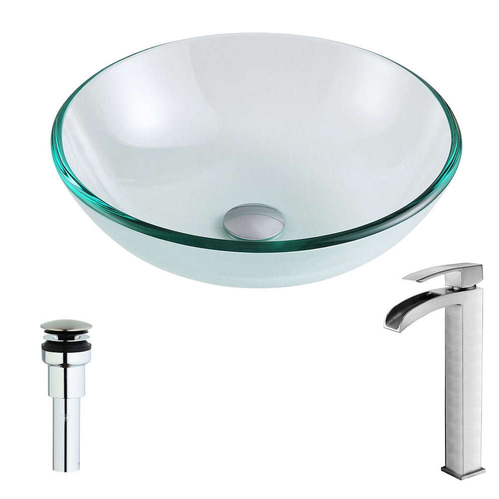 ANZZI LSAZ087-097B Etude Series Deco-Glass Vessel Sink in Lustrous Clear with Key Faucet in Brushed Nickel