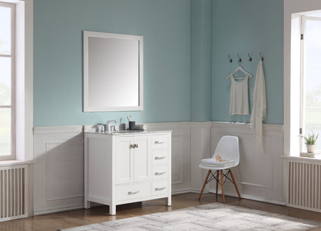 ANZZI VT-MRCT0036-WH Chateau 36 in. W x 22 in. D Bathroom Bath Vanity Set in White with Carrara Marble Top with White Sink