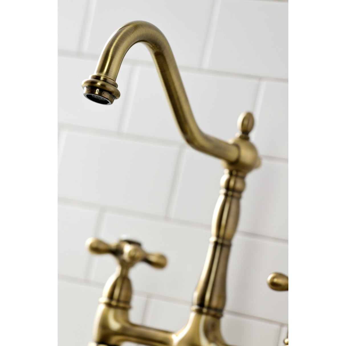 Kingston Brass KS1273AXBS Heritage Bridge Kitchen Faucet with Brass Sprayer, Antique Brass