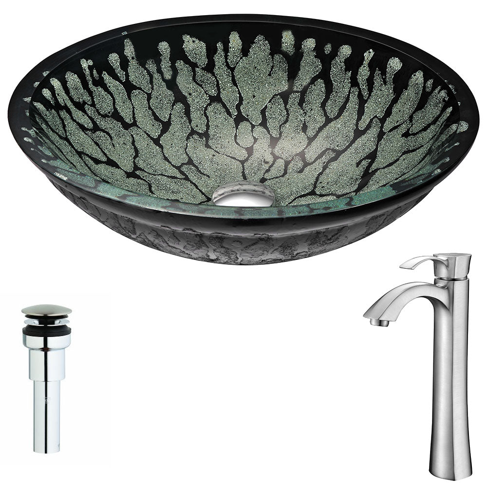 ANZZI LSAZ043-095B Bravo Series Deco-Glass Vessel Sink in Lustrous Black with Harmony Faucet in Brushed Nickel