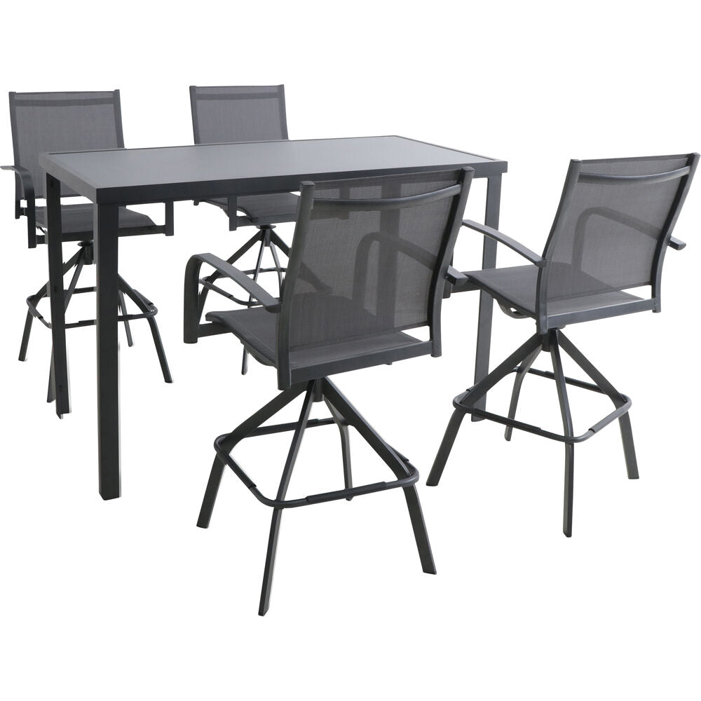 Hanover NAPDN5PCBR-GRY Naples 5pc Bar Set: 4 Sling Bar Chairs and Glass Bar Table