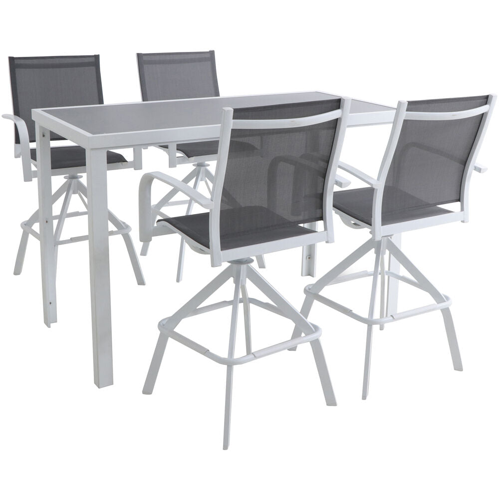 Hanover NAPDN5PCBR-WHT Naples 5pc Bar Set: 4 Sling Bar Chairs and Glass Bar Table