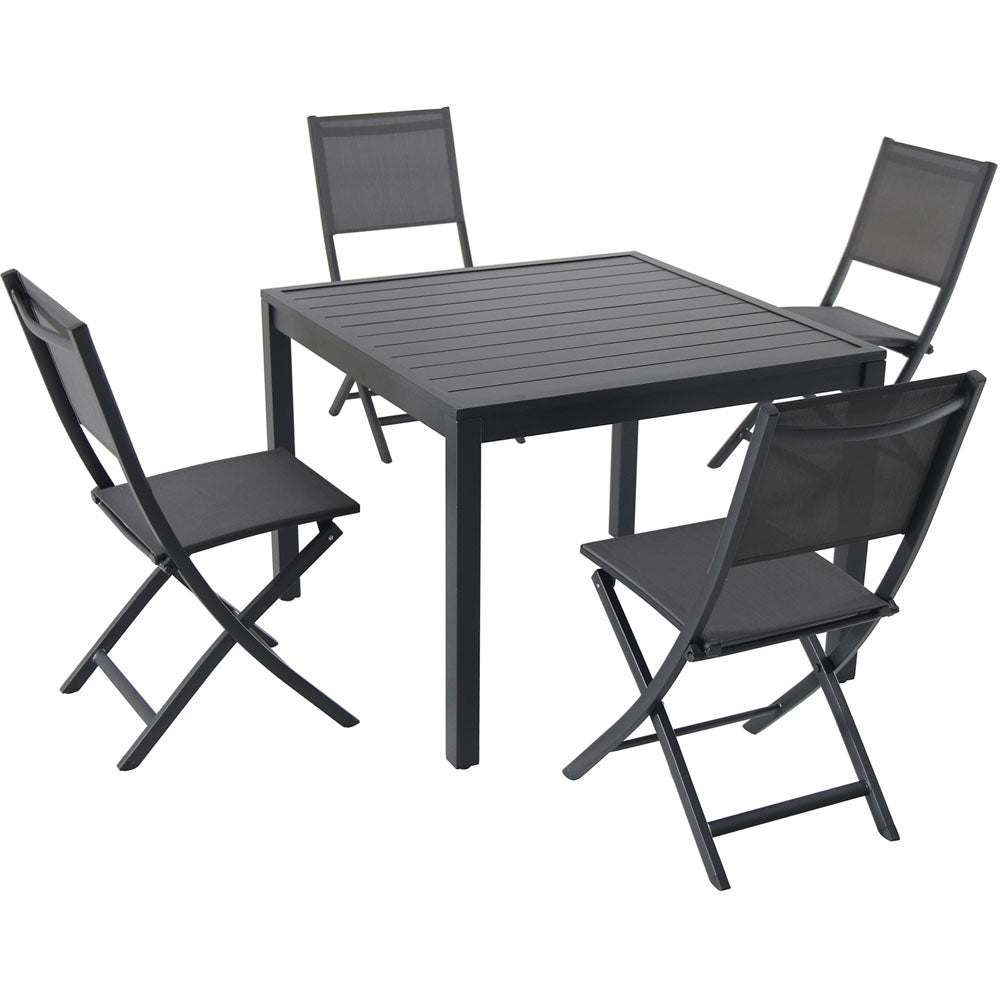 Hanover NAPDNS5PCFDSQ-GRY Naples5pc: 4 Aluminum Sling Folding Chairs, 38" Sq Slat Top Table