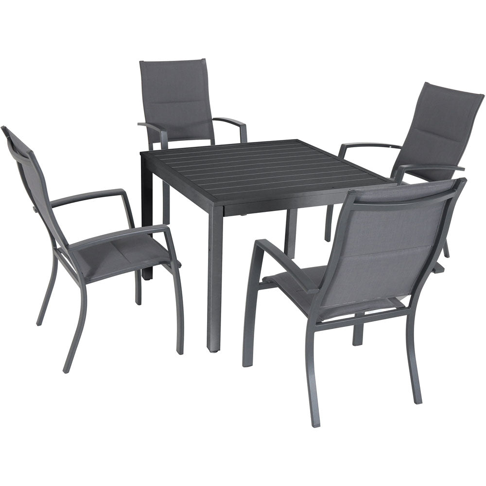 Hanover NAPDNS5PCHBSQ-GRY Naples5pc: 4 High Back Padded Sling Chairs, 38" Sq Slat Top Table